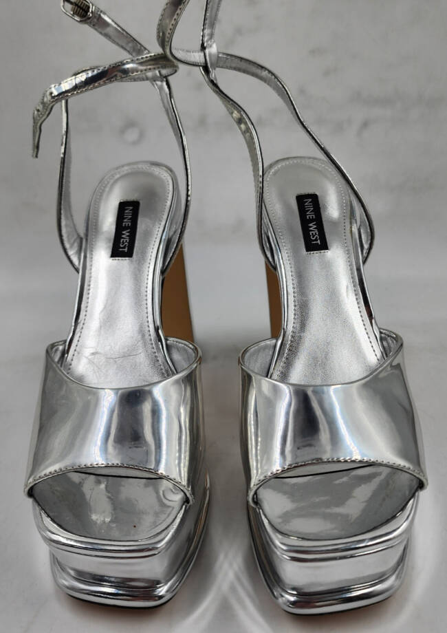 Nine West WN Platt 3 Faux Leather Platform Sandals Women's 7.5M Silver Buckle