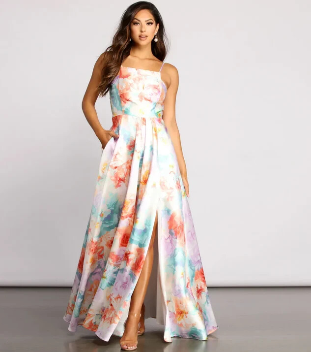 Crystal Doll Cami Formal Floral Satin A-Line Dress Juniors 7 Lilac Multi Zip Up