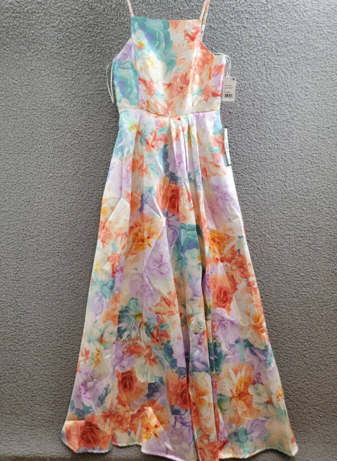 Crystal Doll Cami Formal Floral Satin A-Line Dress Juniors 7 Lilac Multi Zip Up