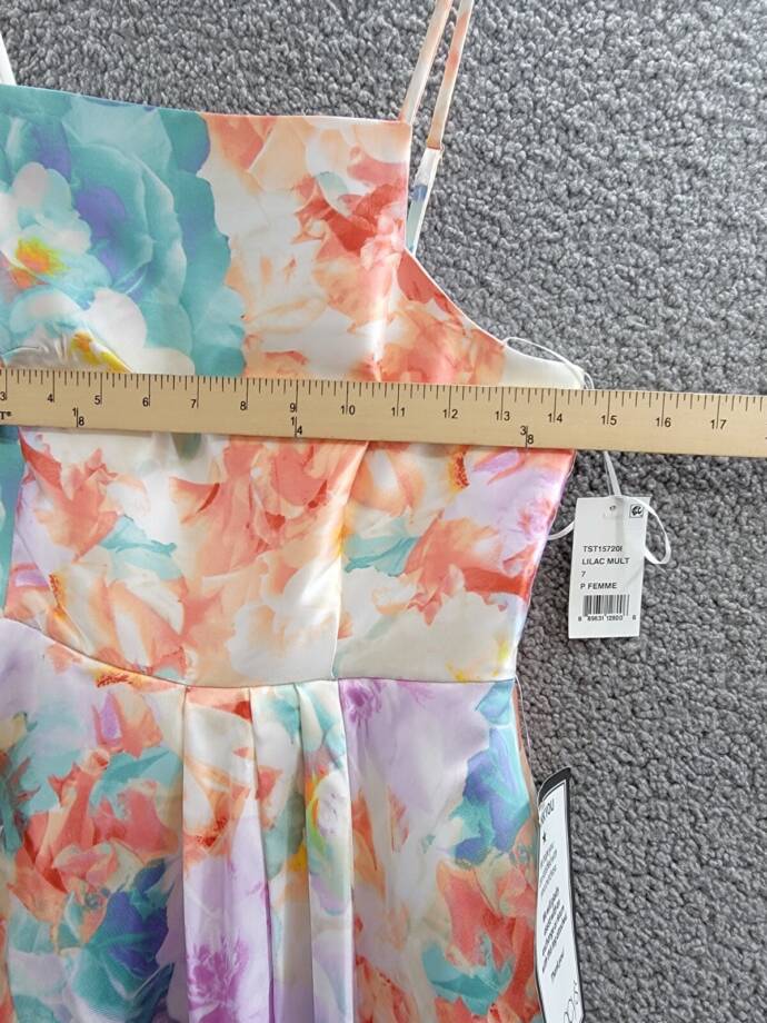 Crystal Doll Cami Formal Floral Satin A-Line Dress Juniors 7 Lilac Multi Zip Up
