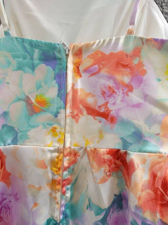 Crystal Doll Cami Formal Floral Satin A-Line Dress Juniors 7 Lilac Multi Zip Up