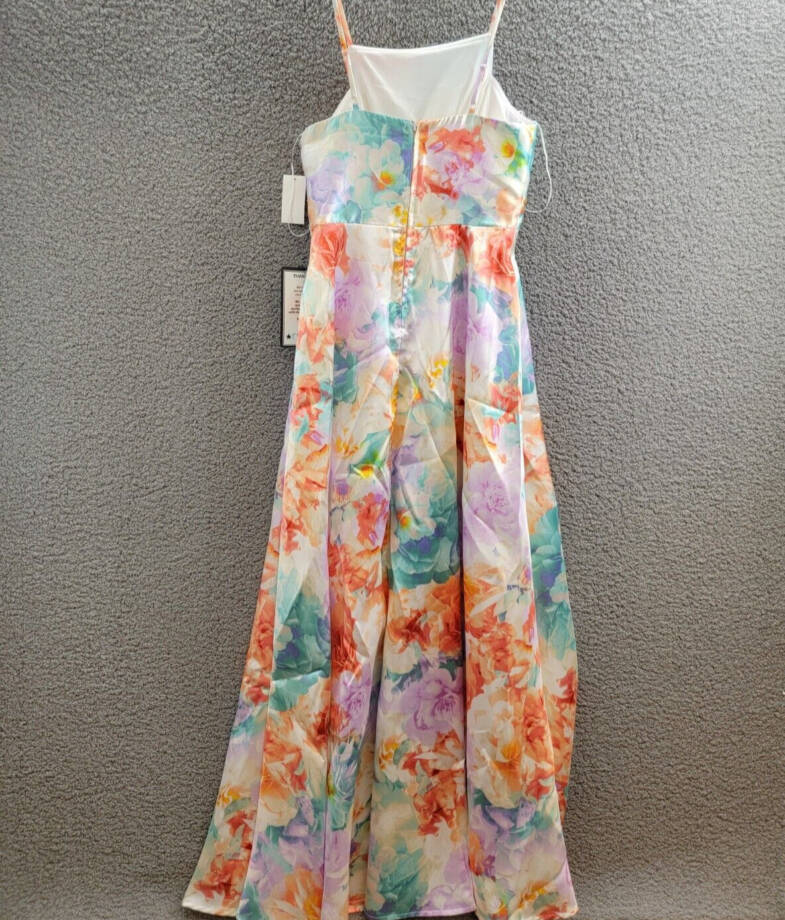 Crystal Doll Cami Formal Floral Satin A-Line Dress Juniors 7 Lilac Multi Zip Up