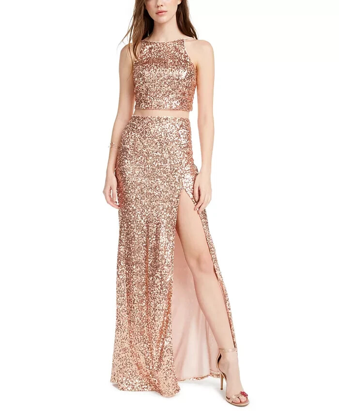Emerald Sundae 2-Pc. Sequined Halter Dress Juniors L Rose Gold Back Zip Closure