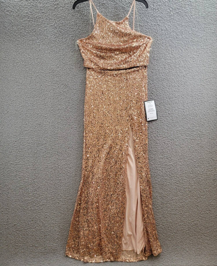 Emerald Sundae 2-Pc. Sequined Halter Dress Juniors L Rose Gold Back Zip Closure