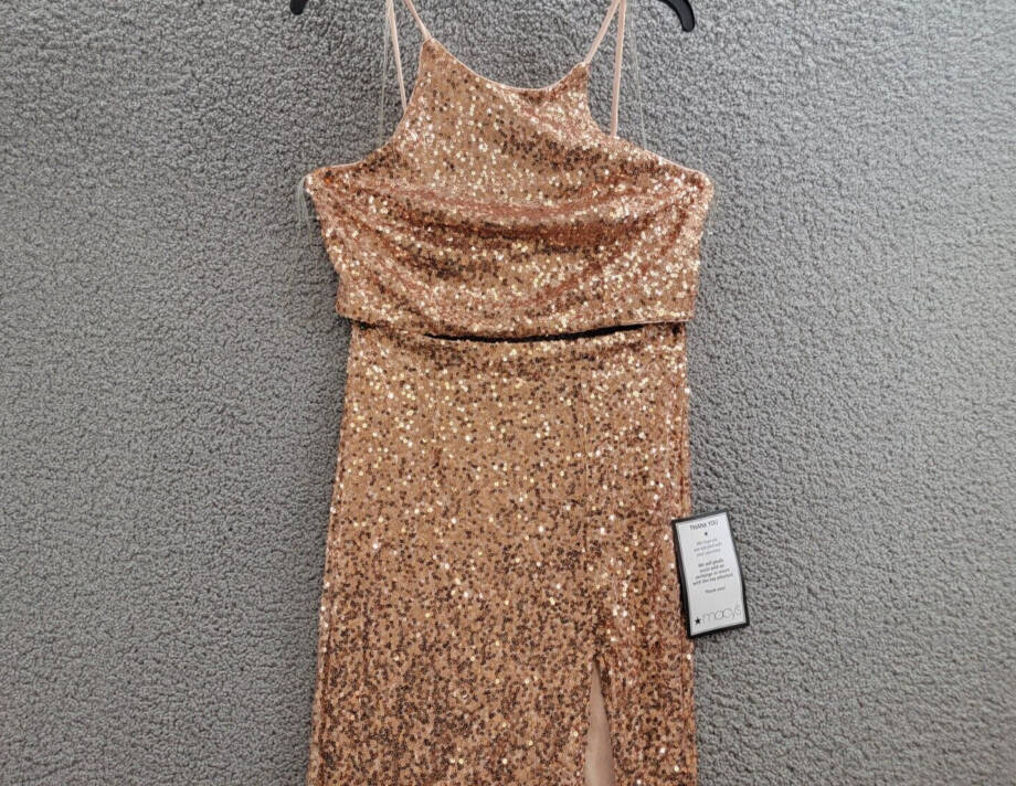 Emerald Sundae 2-Pc. Sequined Halter Dress Juniors L Rose Gold Back Zip Closure