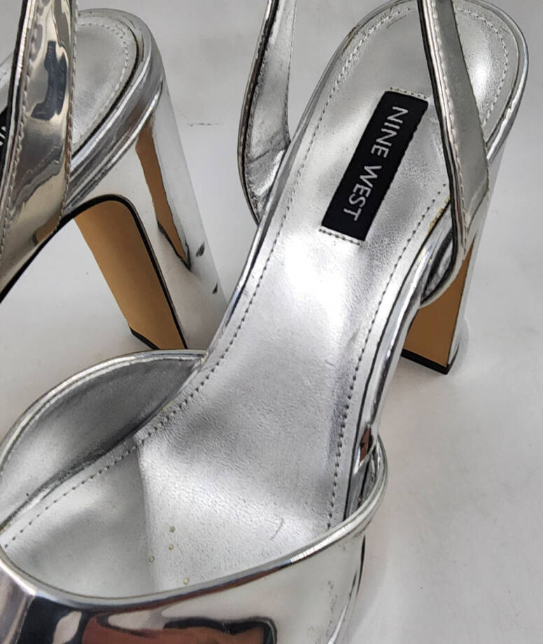 Nine West WN Platt 3 Faux Leather Platform Sandals Women's 7.5M Silver Buckle