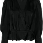 DKNY Surplice V-Neck Shirred Shoulder Peplum Top Women's L Black Hook & Eye
