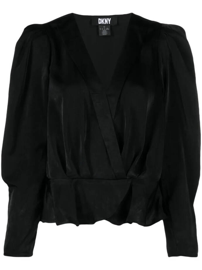 DKNY Surplice V-Neck Shirred Shoulder Peplum Top Women's L Black Hook & Eye
