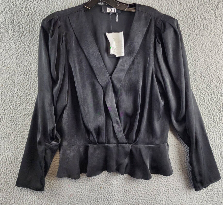 DKNY Surplice V-Neck Shirred Shoulder Peplum Top Women's L Black Hook & Eye