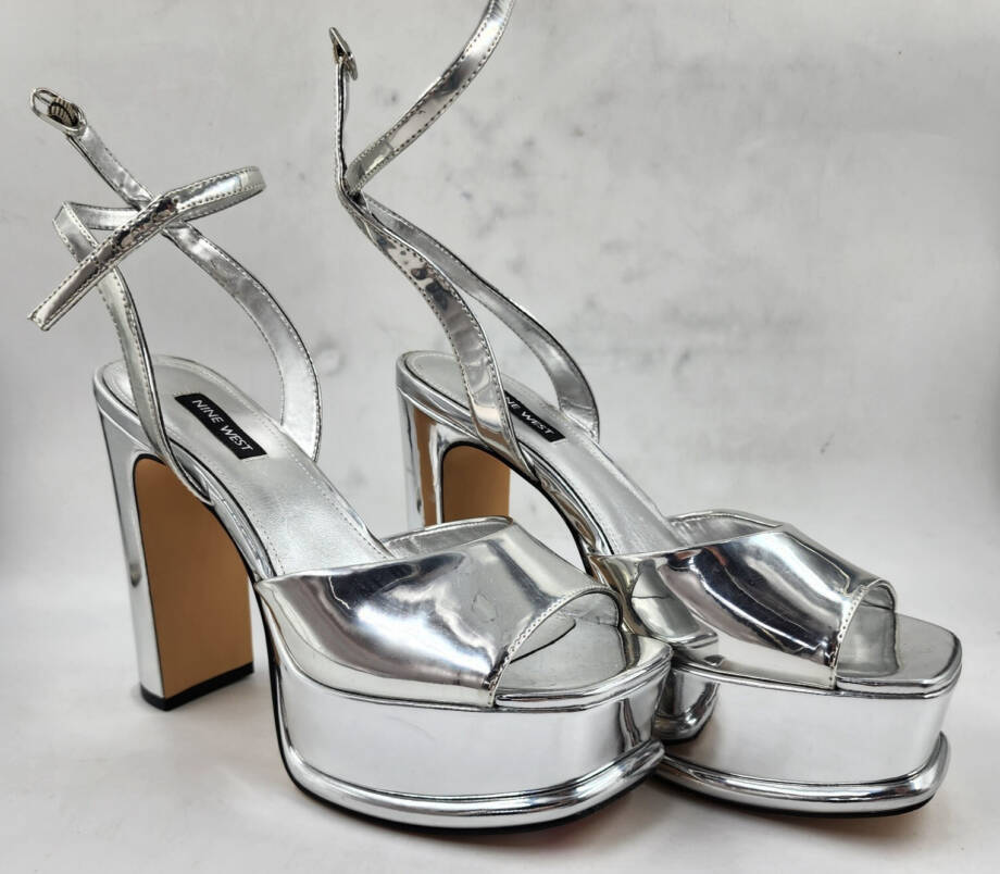 Nine West WN Platt 3 Faux Leather Platform Sandals Women's 7.5M Silver Buckle