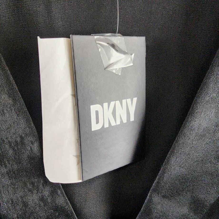 DKNY Surplice V-Neck Shirred Shoulder Peplum Top Women's L Black Hook & Eye