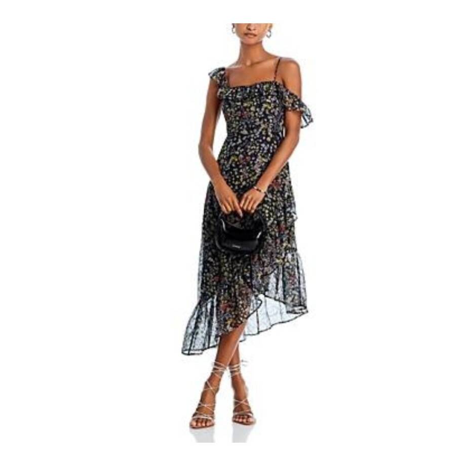 AQUA Floral Print Ruffled Midi Dress Women's XL Black Multi Square Neck Side Zip