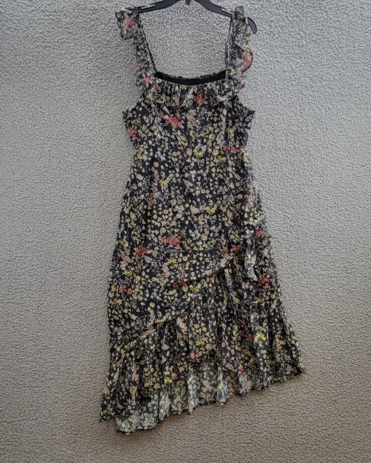 AQUA Floral Print Ruffled Midi Dress Women's XL Black Multi Square Neck Side Zip