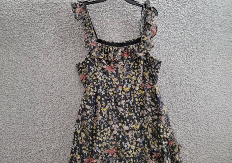 AQUA Floral Print Ruffled Midi Dress Women's XL Black Multi Square Neck Side Zip