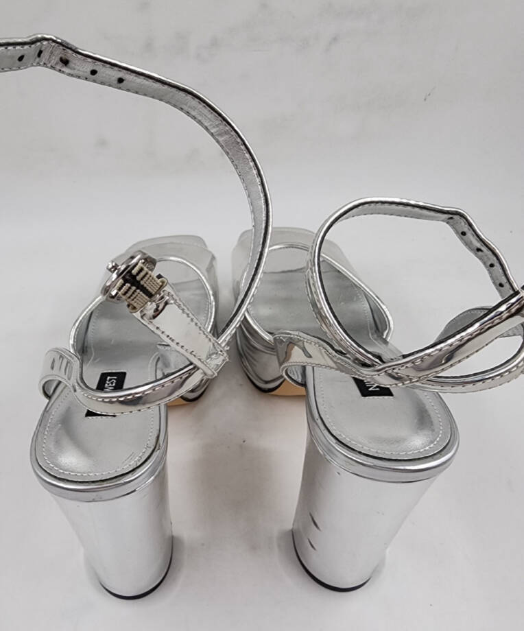 Nine West WN Platt 3 Faux Leather Platform Sandals Women's 7.5M Silver Buckle