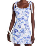 AQUA Floral Ruffle Dress Women's S Sky Blue Sweetheart Neck Shoulder Tie Closure