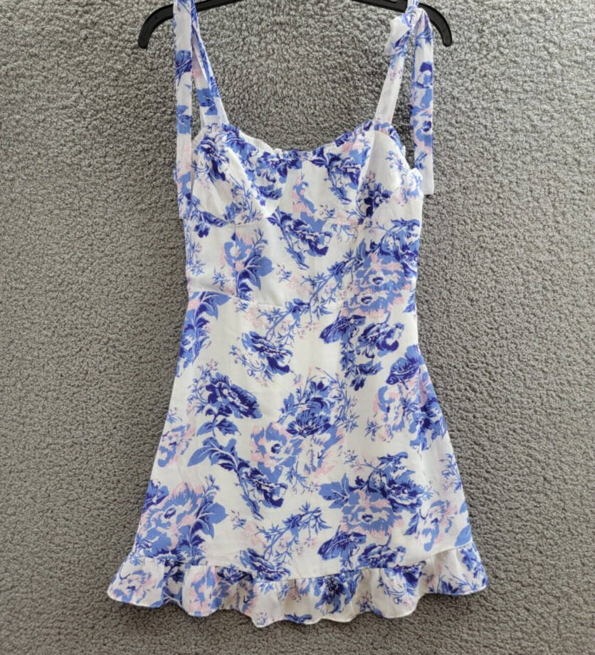 AQUA Floral Ruffle Dress Women's S Sky Blue Sweetheart Neck Shoulder Tie Closure