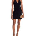 AQUA Halter Mini Dress Women's S Black Welt Pockets Faux Button Front Side Zip