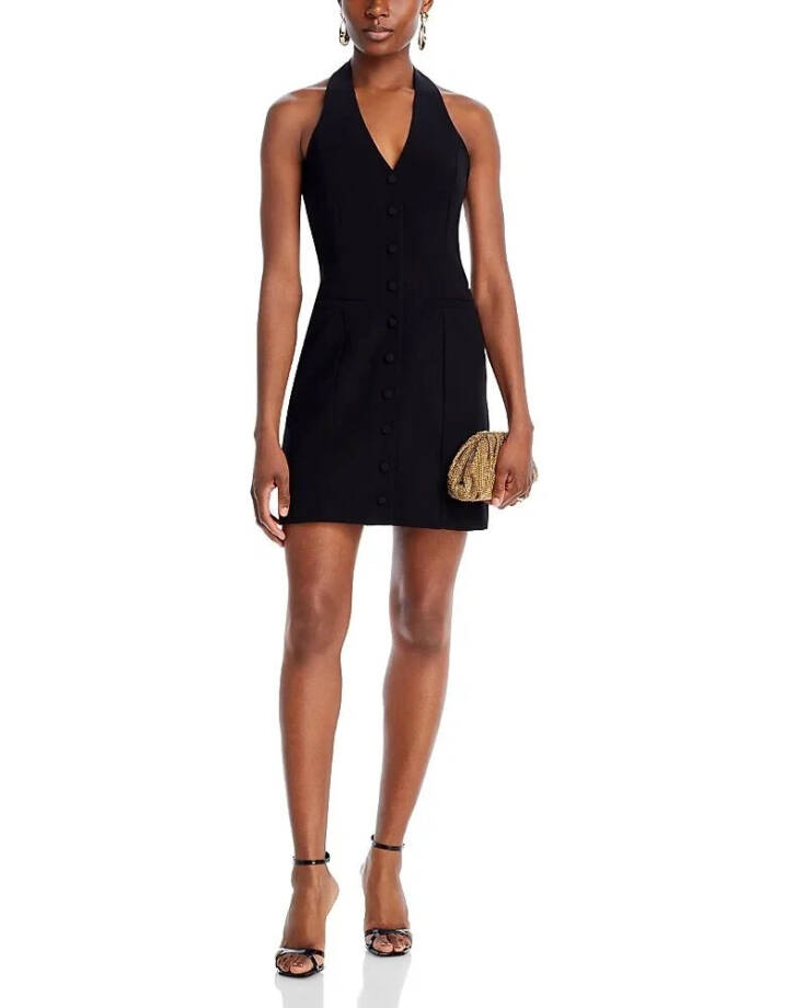 AQUA Halter Mini Dress Women's S Black Welt Pockets Faux Button Front Side Zip