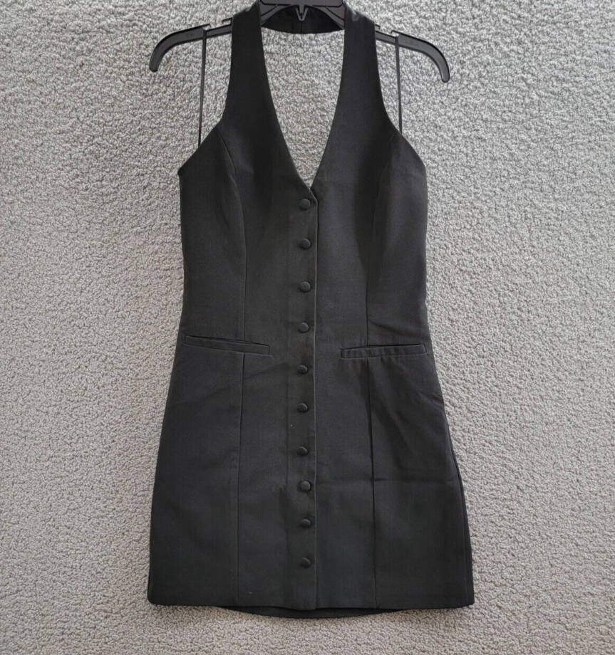 AQUA Halter Mini Dress Women's S Black Welt Pockets Faux Button Front Side Zip