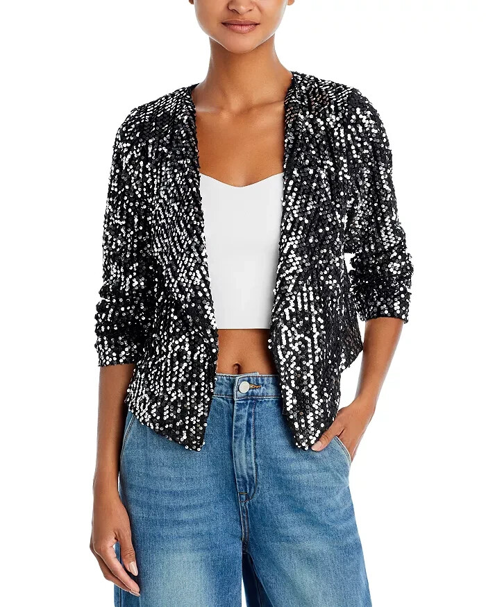 AQUA Velvet Sequin Open Jacket Women's M Black Shawl Collar Long Sleeve Pull On