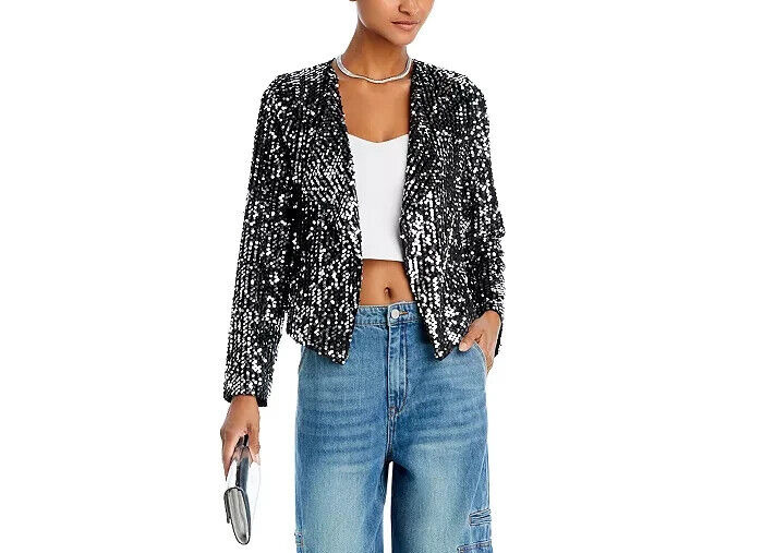 AQUA Velvet Sequin Open Jacket Women's M Black Shawl Collar Long Sleeve Pull On
