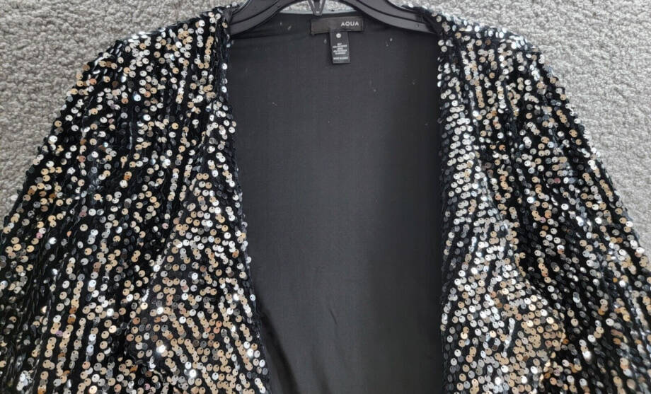 AQUA Velvet Sequin Open Jacket Women's M Black Shawl Collar Long Sleeve Pull On