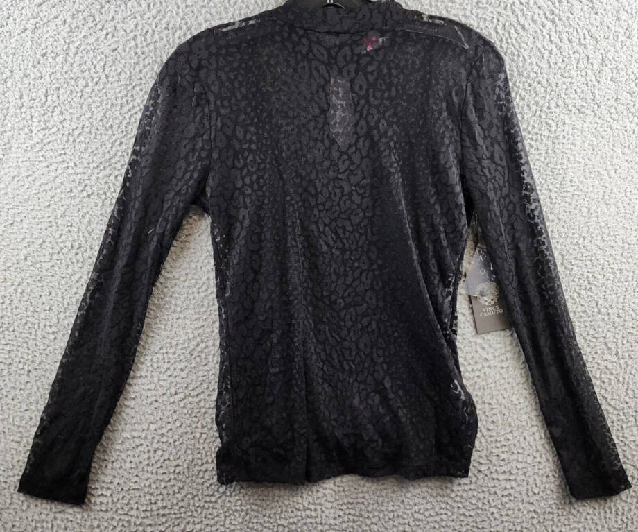 VINCE CAMUTO Mock Neck Long Sleeve Mesh Top Women's XS Black Button Back Closure