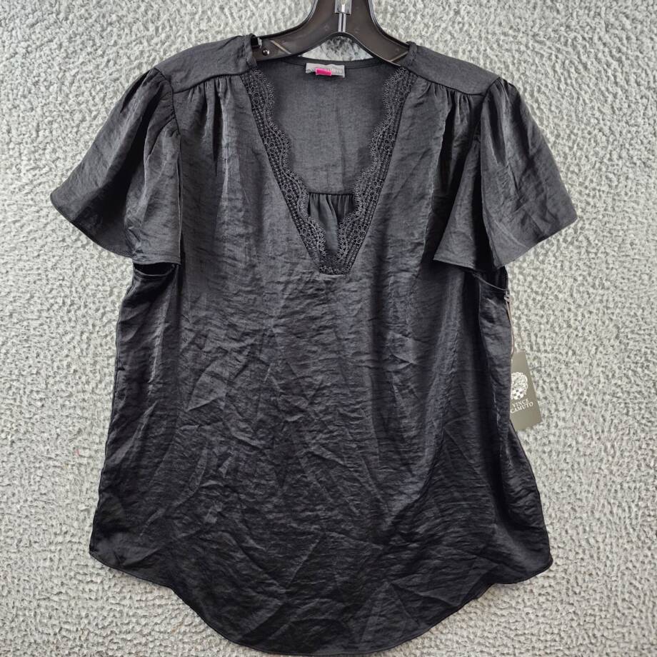 VINCE CAMUTO V-Neck Lace Trim Top Women's M Black Solid Short Sleeve Pullover
