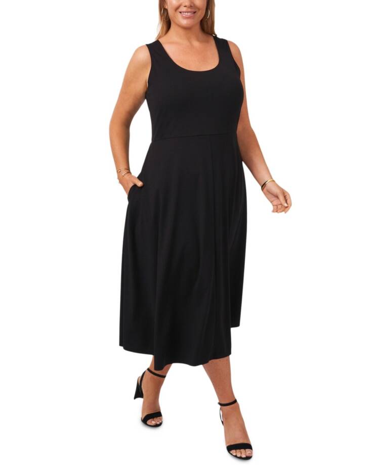 MSK Plus Size Tank Dress Women's 1X Black Double Scoop Neck Sleeveless Pullover