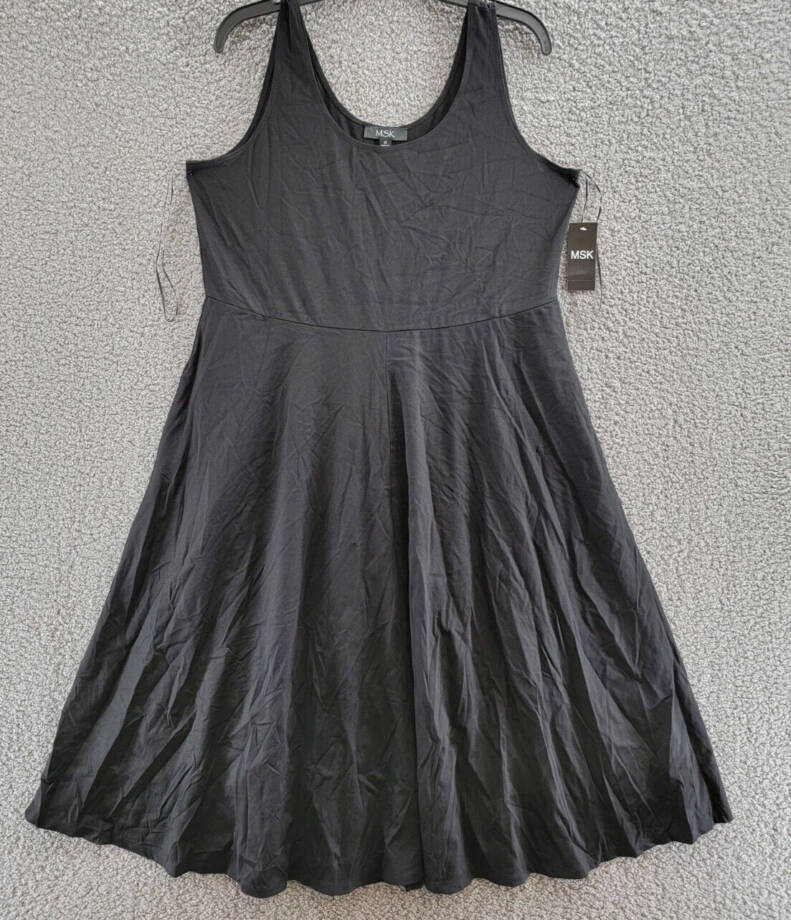 MSK Plus Size Tank Dress Women's 1X Black Double Scoop Neck Sleeveless Pullover