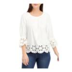 Cupio Embroidered Laser Cut Top Women's M Snow White Solid Scoop Neck Pullover
