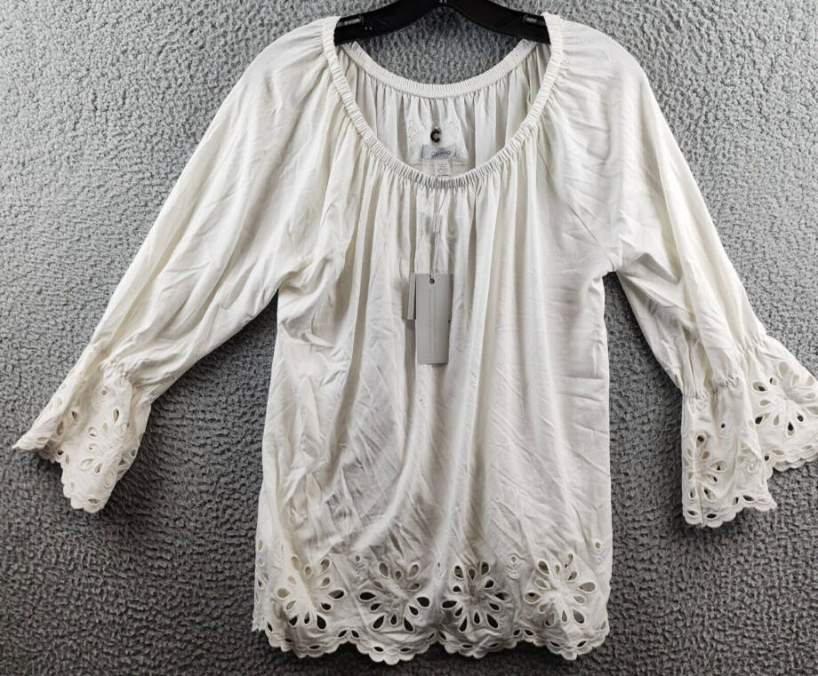 Cupio Embroidered Laser Cut Top Women's M Snow White Solid Scoop Neck Pullover