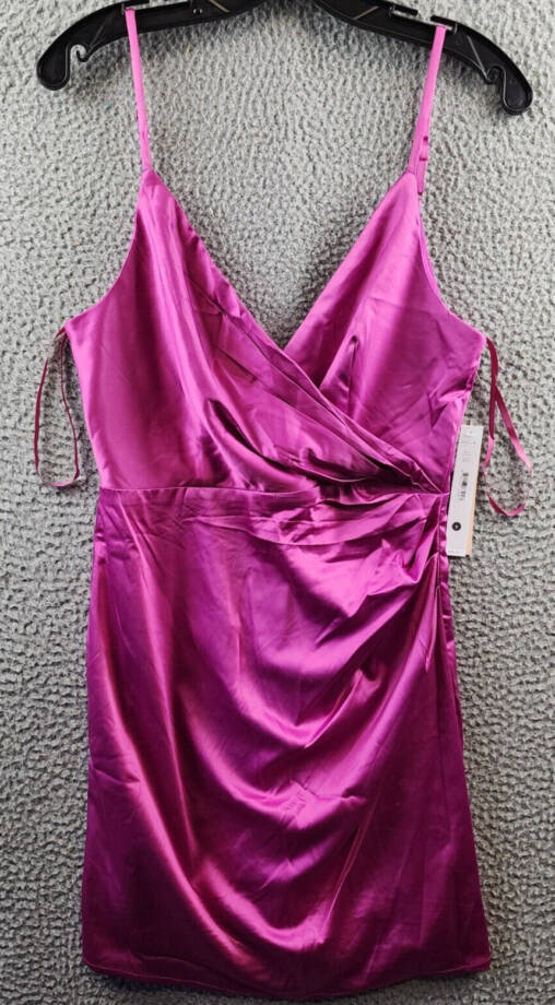 AQUA Drape Front Satin Mini Dress Women's S Fuchsia Crossover V-Neck Sleeveless