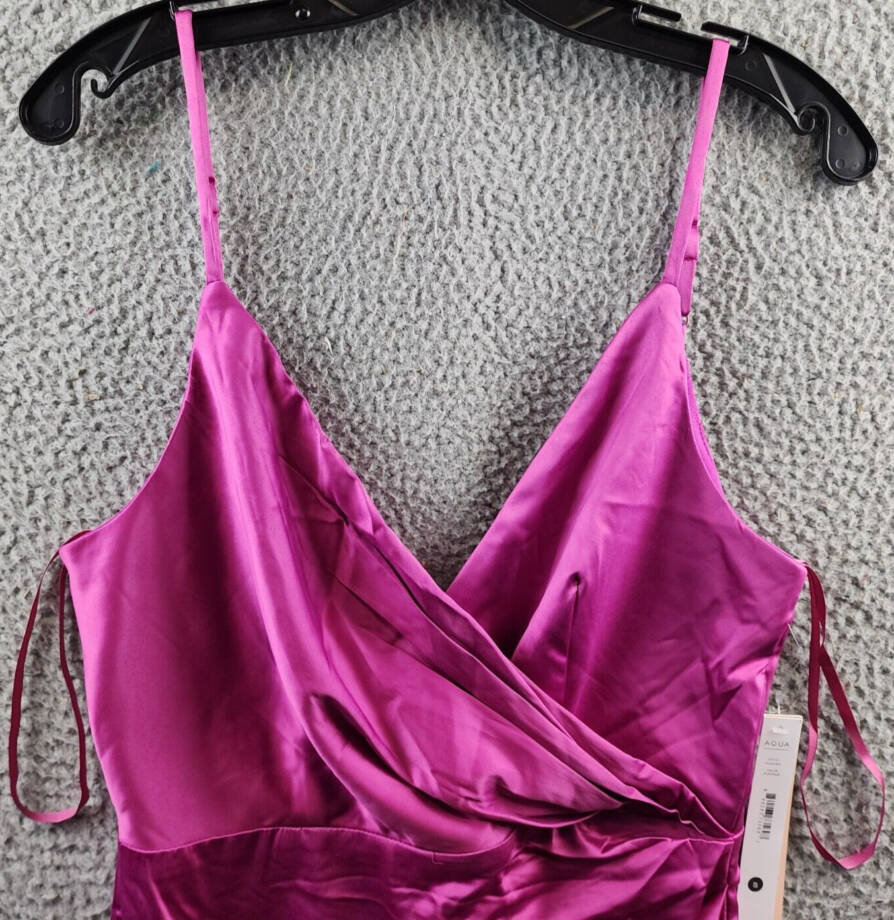 AQUA Drape Front Satin Mini Dress Women's S Fuchsia Crossover V-Neck Sleeveless