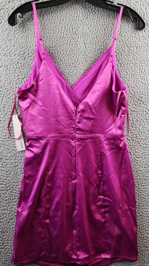 AQUA Drape Front Satin Mini Dress Women's S Fuchsia Crossover V-Neck Sleeveless