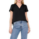 VINCE CAMUTO V-Neck Lace Trim Top Womens S Rich Black Short Bell Sleeve Pullover