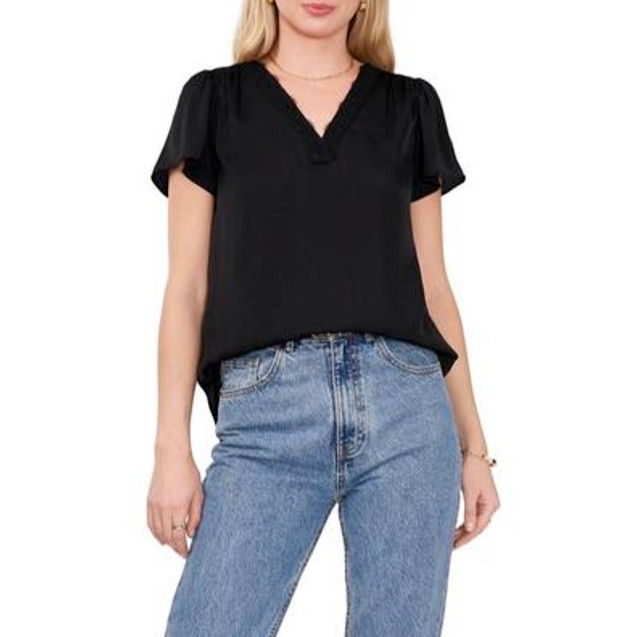 VINCE CAMUTO V-Neck Lace Trim Top Womens S Rich Black Short Bell Sleeve Pullover