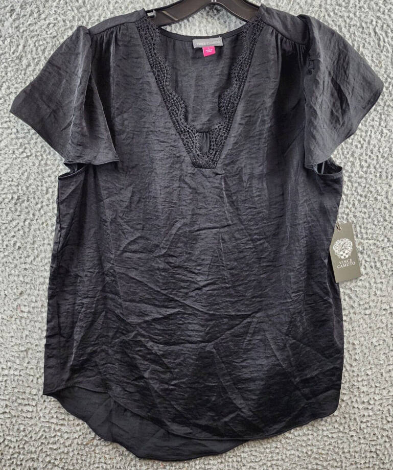 VINCE CAMUTO V-Neck Lace Trim Top Womens S Rich Black Short Bell Sleeve Pullover