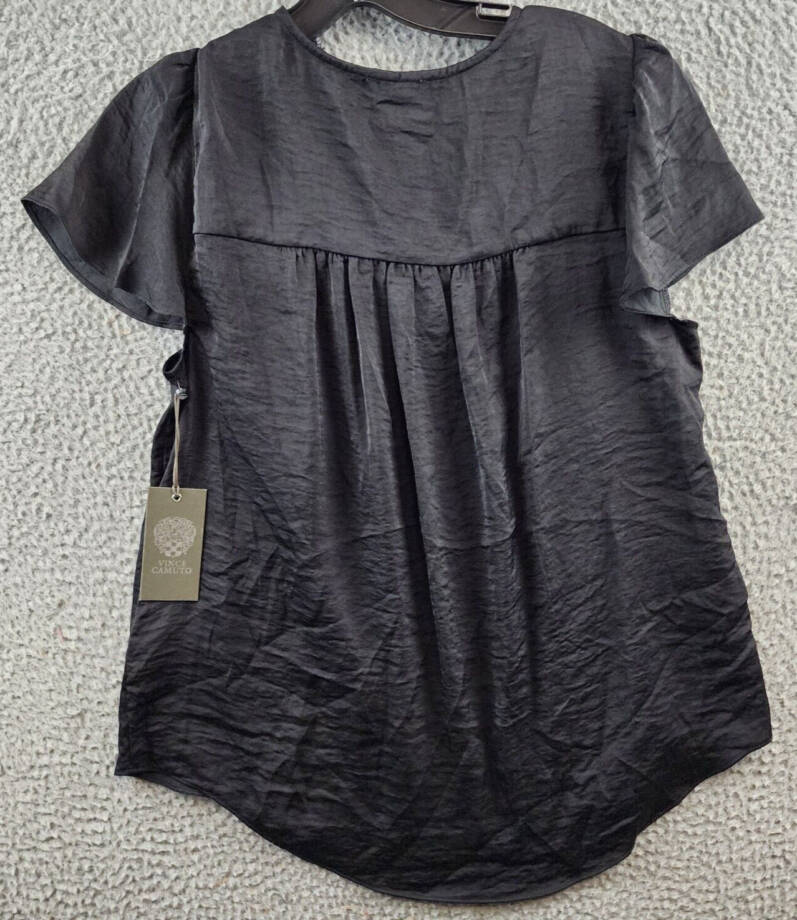 VINCE CAMUTO V-Neck Lace Trim Top Womens S Rich Black Short Bell Sleeve Pullover