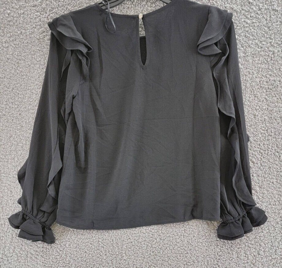 CeCe Ruffle Sleeve Blouse Women's XS Black Round Neck Long Sleeve Button Back