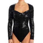 FORE Sequin Lace Bodysuit Women's XS Black Sweetheart Neck Snap Gusset Closure