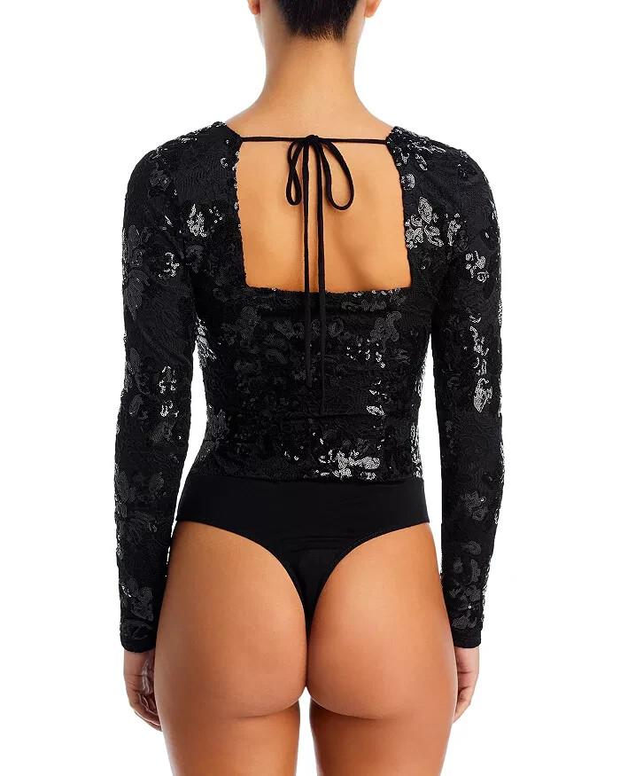 FORE Sequin Lace Bodysuit Women's XS Black Sweetheart Neck Snap Gusset Closure