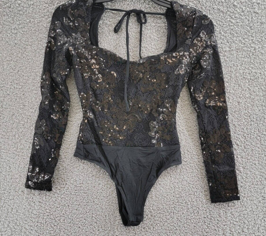 FORE Sequin Lace Bodysuit Women's XS Black Sweetheart Neck Snap Gusset Closure
