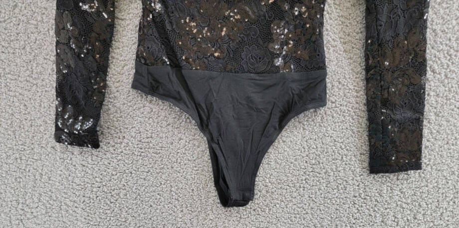 FORE Sequin Lace Bodysuit Women's XS Black Sweetheart Neck Snap Gusset Closure