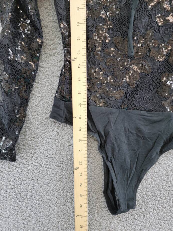 FORE Sequin Lace Bodysuit Women's XS Black Sweetheart Neck Snap Gusset Closure