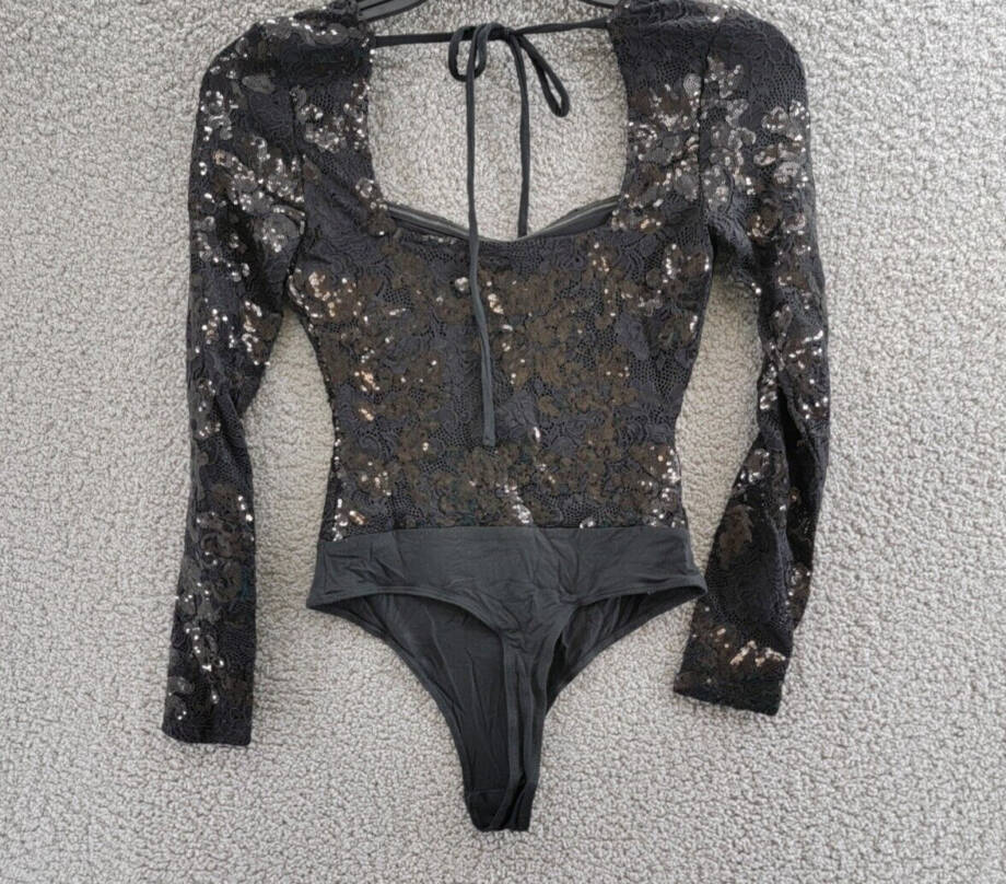FORE Sequin Lace Bodysuit Women's XS Black Sweetheart Neck Snap Gusset Closure