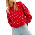 Free People Easy Street Patterned Crop Mock Sweater Women's XS Cherry Cream L/S