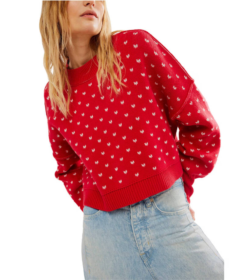 Free People Easy Street Patterned Crop Mock Sweater Women's XS Cherry Cream L/S