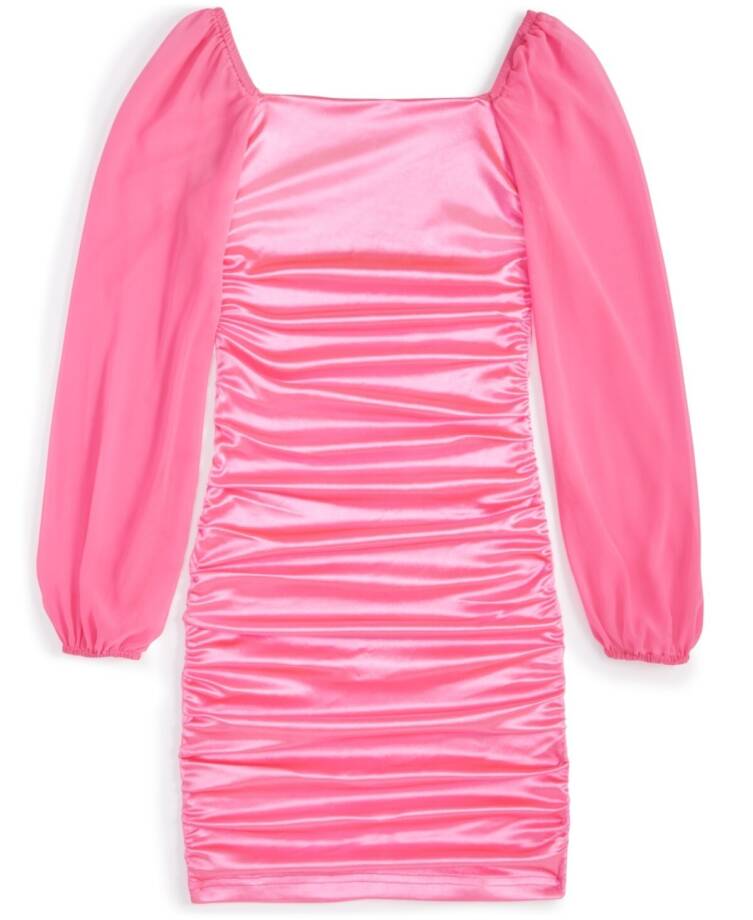 With Jules Long-Sleeve Ruched Dress Girls' L Bright Pink Straight Neck Pullover
